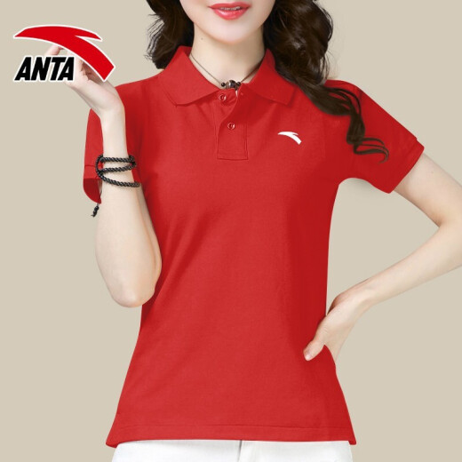 安踏（ANTA） 短袖t恤女夏季宽松透气翻领polo衫跑步健身轻薄冰丝速干衣户外半袖体恤休闲运动服装 -4A14066经典红 S/160