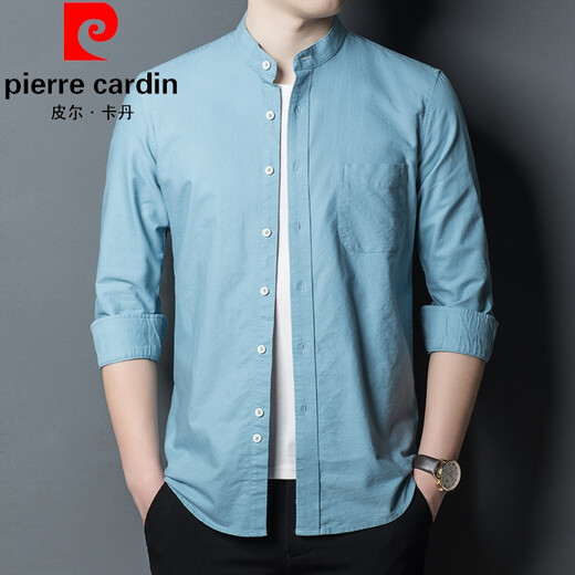 Pier Cardin [Light Luxury High-end] Stand-collar denim shirt for men long-sleeved autumn thin collarless round neck spring and autumn top blue ice silk casual shirt knitted 11162 white 175