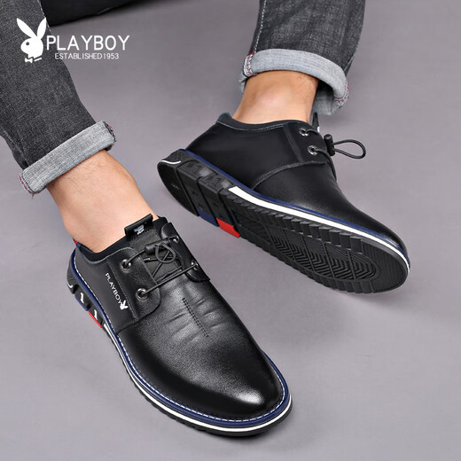 Playboy men's shoes 2024 spring and autumn new style men's business casual leather shoes men's height-enhancing breathable casual shoes versatile fashion shoes 9858 black 41