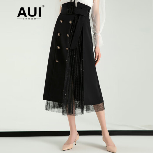 AUI skirt women's European station 2021 autumn new style fashionable women's mid-length double-breasted irregular mesh skirt black S