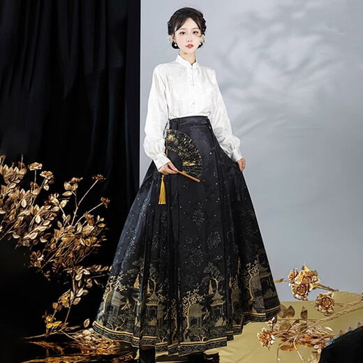 Faleta de cara de Yishangmei Falda de la cara de nuevo Vestido de mujer para mujeres adultas de estilo chino Hanfu Small Summer 2025 Nuevo vestido de estilo chino Rojo [Falda de cara dorada + Top White] M [Adecuado para 100-115Jin [Jin equivale a 0.5 kg]]
