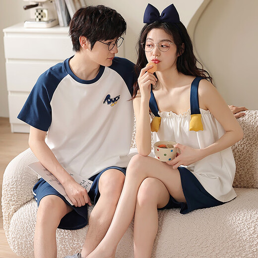 
Light and quiet pure cotton couple pajamas for women in summer suspender shorts suit casual simple men short sleeves can be worn outside home clothes summer QH9906 M women