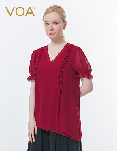VOA Seiden Georgette V-Neck Puffhülse schwarzes Ohr gefaltes Doppelschicht Asymmetrischer Saum lose T-Shirt BE673 Huanxi SHA-Burgund (H38) 2xl