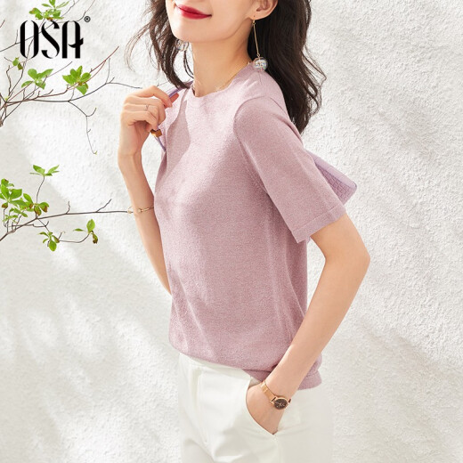 OSA (OSA) purple ice silk sweater thin women's summer 23 new style short-sleeved top slimming taro pink XL