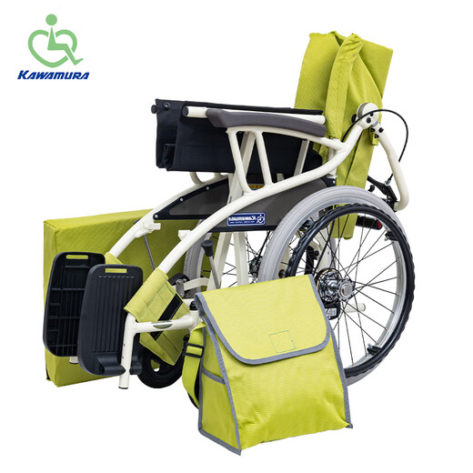 Kawamura, Japan, wheelchair, folding lightweight manual cart, elderly wheelchair, can be pushed, can be carried on large wheels, solid tire AY-18 bright green