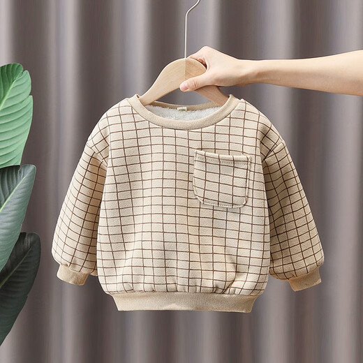 Three-piece set Leba Mouse children's clothing children's suit sweatshirt plus velvet winter clothing new style fashionable boy baby clothes 1-6 years old infants and girls thickened vest cotton pants trendy khaki color (vest + sweatshirt + pants) 90 size recommended 1-2 years old (height 80-90cm)