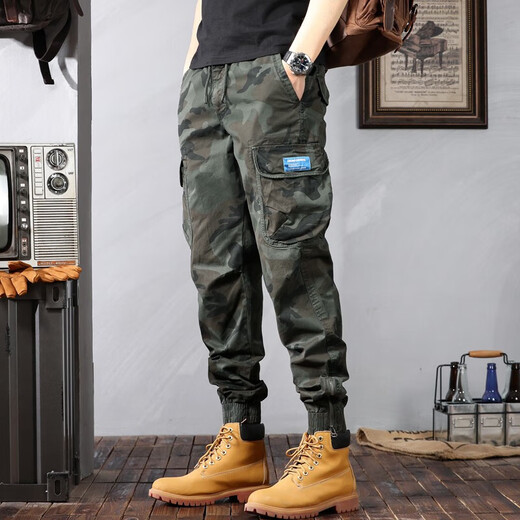 Berühmte Sommer-Tarnung Overalls für Männer losen Krawatten Casual Hosen für Männer Stretch Sport Multi-Tocket Harem Hosen Kamel 28 [90-110jin [Jin gleich 0,5 kg]]]