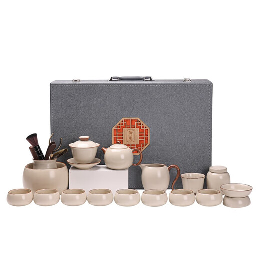 Lanyi Beige Ru Kiln Kung Fu Tea Set Ceramic Teapot Cover Bowl Tea Cup Light Luxury High-end Household Complete Gift Box Set 01 Ru Kiln Beige 10-head Teapot Set