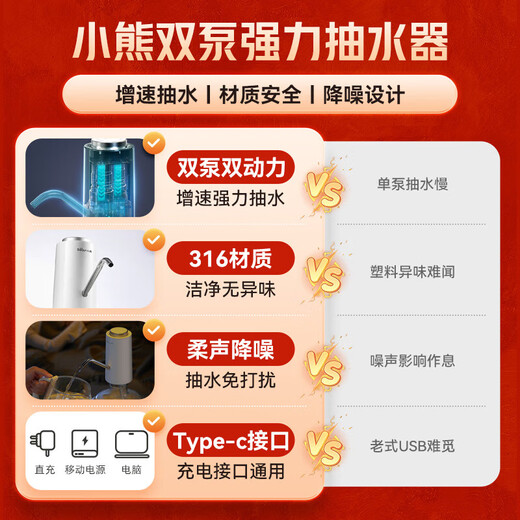 Bear Electric Bottled Water Pump Double Pump Powerful Pumping Pure Drinking Water Automatic Water Filler Pressure Water Dispenser Water Pump Official Direct Sales 316 Stainless Steel YSJ-D05R1