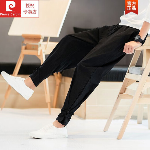 皮尔卡丹（pierre cardin）亚麻休闲长裤男士中国风宽松哈伦裤大码束脚运动九分裤男灯笼裤子 黑色 2XL 160-179