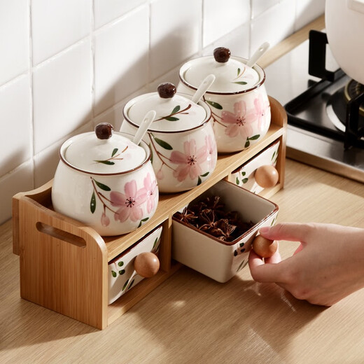 DuoMeiRan home kitchen seasoning box combination seasoning jar ceramic salt shaker seasoning jar set wooden frame double-layer seasoning bottle jar Sakura 7-piece set (wooden frame B3)