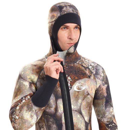 Swimming speed (Yon sub) YON SUB wetsuit one-piece thickened hooded wetsuit snorkeling suit 5mm winter swimming thermal suit cold-proof surfing suit 5MM gray camouflage plus velvet style XL