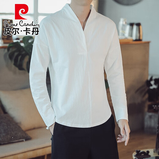 皮尔卡丹（pierre cardin）轻奢中国风男装秋季亚麻长袖t恤男士打底衫复古风汉服唐装棉麻上 7029(易打理)黑色 长袖 XL(轻商务)(易打理)
