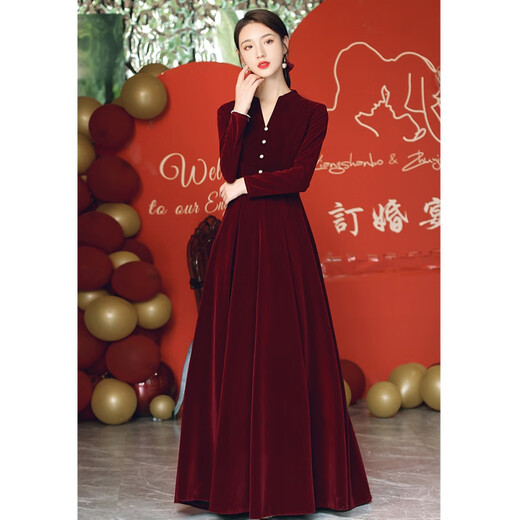 Midi tie door-to-door toasting dress brides can usually wear large sizes for tall pregnant women, fat sisters, stand-up collars, fat mm plus fat 200, burgundy short style, dress length, shoulder to skirt 116 L (110 Jin Jin is equal to 0.5 kg -118 Jin Jin is equal to 0.5 kg)