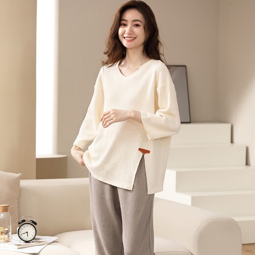 
Yunzhi pure cotton pajamas for women in spring and autumn long-sleeved pullover autumn and winter thin loose large size for outdoor wear for women's suit 701-Apricot gray XL (170): Recommended for 120-140Jin [Jin equals 0.5 kg] to wear