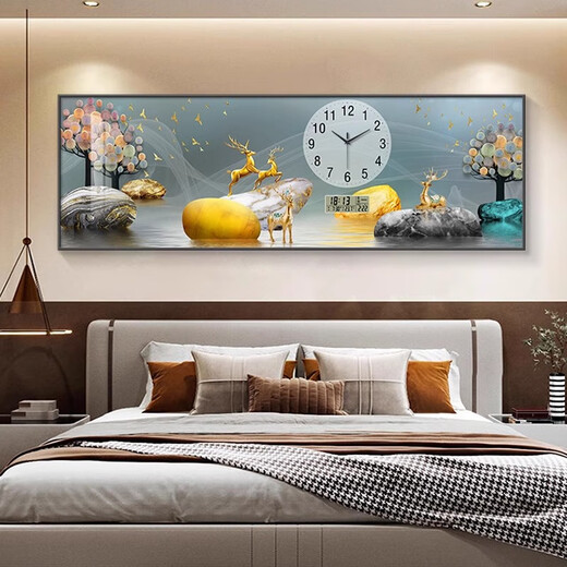 小小画钟新中式钟表挂钟客厅沙发背景墙装饰画万年历电子时钟福鹿山水时钟 ZP1476 【真时钟+智能万年历】 71英寸 180*60cm