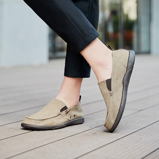 Huili pedal lazy shoes classic men's shoes lightweight breathable footwear driving shoes solid color middle-aged and elderly casual canvas shoes 912 khaki 42