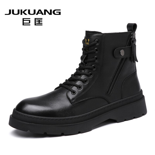 JUKUANG [top layer cowhide] 2023 new men's boots genuine leather Martin boots men's winter British style high top plus velvet men's shoes black single shoes 723 38