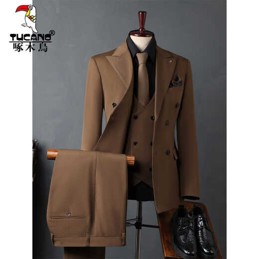 Woodpecker (TUCANO) Men's Double-breasted Suit Suit, Men's Business Formal Wear, Korean Groomsmen's Suit, Wedding Suit, Groom's Suit Jacket, Men's Brown Double-breasted Suit (suit + trousers) 50/L (112-125Jin Jin is equal to 0.5kg)