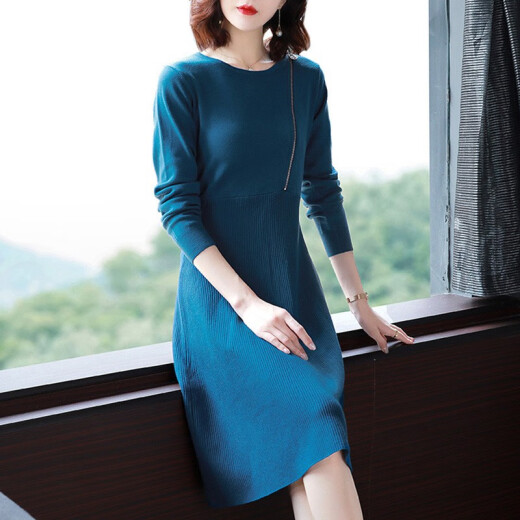 Xiwei Knitted Dress Women's 2021 Autumn and Winter Bottoming Trendy Mid-Length Over-the-Knee Loose Waist Fashionable Sweater Skirt Temperament Mid-Length Skirt XWGML22-8569 Blue M