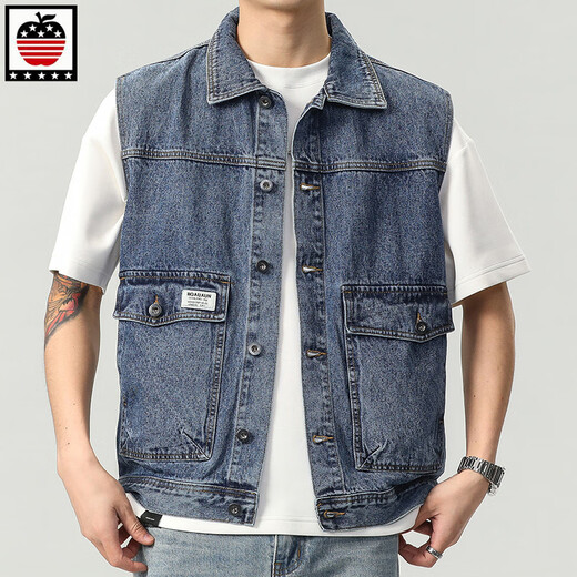 Aemape Apple Denim Vest Herrenjacke European und American Trendy Frühling großer Taschenhülsen und Mode Marke Vest Horse Clip 9215# Blue 4xl (Empfohlen 210 230jin [Jin gleich 0,5 kg])