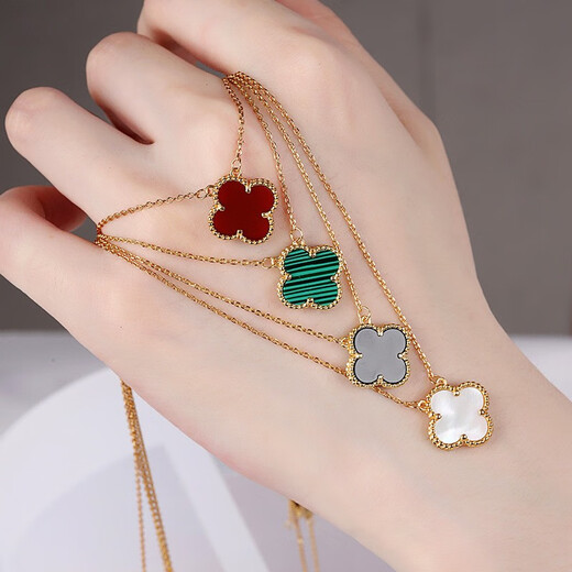 
QUAMER Old Phoenix Gold Store Lucky Double-Side Four-Leaf Crocodile Necklace Women's Ins Simple Clavicle Chain Pendant Light Luxury Time 687 Four-Leaf Crocodile Green Shell Necklace