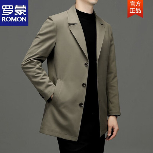 ROMON's new business windbreaker casual men's 2025 spring mid-length loose large size suit top men's jacket men's khaki 2XL (recommended 150-170Jin Jin equals 0.5 kg)
