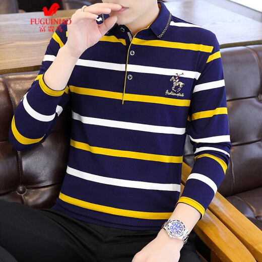 Fuguiniao long-sleeved T-shirt men's 2021 spring and autumn long-sleeved POLO shirt striped young and middle-aged men's cotton bottoming shirt autumn clothes top shirt collar yellow XL