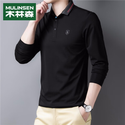 MULINSEN POLO shirt men's versatile lapel long-sleeved T-shirt men's business casual loose polo top men's 13F206100116 black L