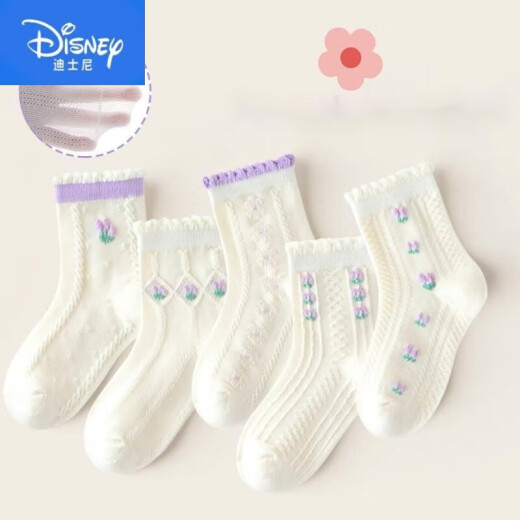 迪士尼（Disney）a类棉女童袜子儿童中筒春夏季薄款网眼花边公主小孩青少年哪吒敖 ML24-671黑白洛丽塔 5双 均码 12岁以上【建议鞋码38-42码】