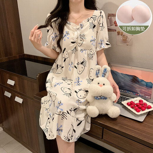梦动韩版甜美可爱小熊棉纱麻睡裙女款2024新款夏季天短袖睡衣裙家居服 QS裙#9871（带胸垫） L 推荐100-115斤穿