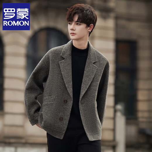 Romon Blazer de lana de lana de doble cara para hombres estilo coreano Negocio de alta gama Invierno engrosado de lana corta gris M