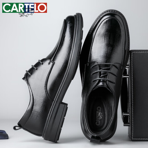 卡帝乐鳄鱼（CARTELO）纹男士皮鞋耐磨软牛皮休闲皮鞋男商务圆头厚底男鞋9671 黑色 41