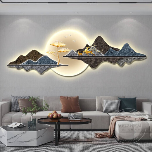 SMVP华为hilink小艺控制智能壁画灯led灯新中式客厅装饰画大气迎客松 HJ-6187 横幅120*40厘米 遥控款灯画(直插