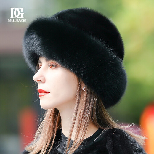 Mu Jia Ge Hat Women's Winter Korean Style Warm Whole Mink Fashion Winter Mink Fur Fox Fur Snow Princess Hat 5153 Black M (55-57)