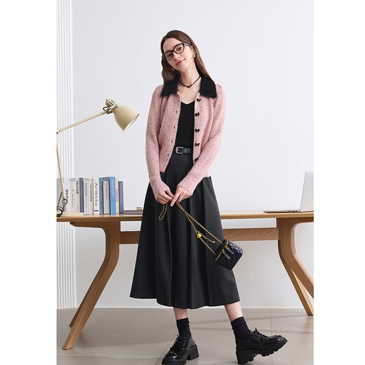 Betu women's winter new skirt accordion fold design with belt A-type skirt for women 2410T75 dark gray M