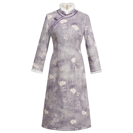 Xiuguan Tangronghua 2025 winter new style suede thickened warm mink fur collar new Chinese style improved national style cheongsam skirt purple M