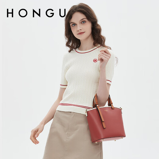 Honggu Women's Handbag Cowhide Bucket Bag Women's Handbag Shoulder Bag Crossbody Bag New Year's Birthday Gift