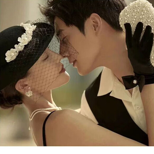 Wujin retro French topper hat gloves women Hepburn style black mesh celebrity elegant dress photo studio photo headdress black topper + camellia gloves all size