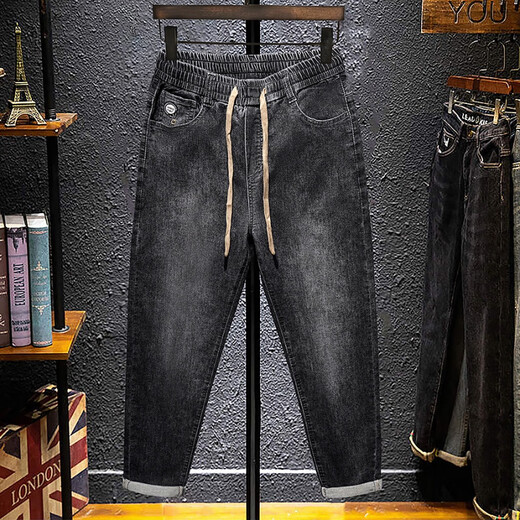 梦园朵夏季牛仔裤男士松紧腰高弹力宽松版型休闲裤男韩版潮流小脚裤长裤 常规 3887黑色 28  90-105