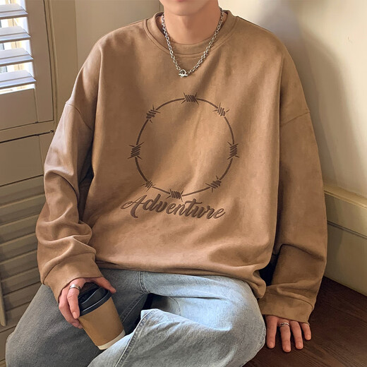 Dingfengbaoluo suede sweatshirt long-sleeved men's American vibe spring trend printed bottoming shirt loose DFL01 coffee 2XL