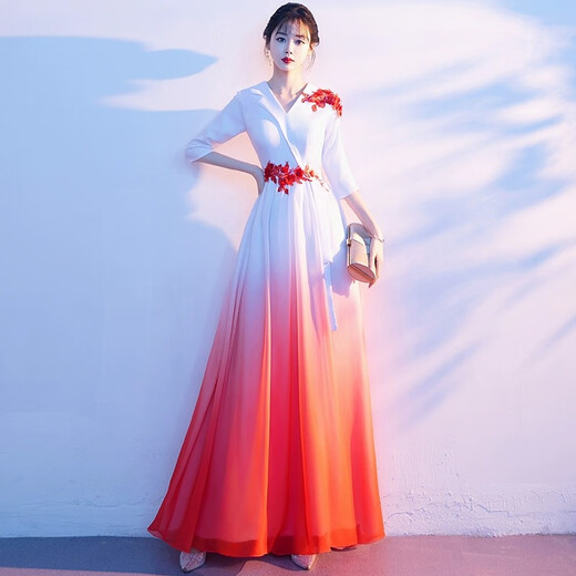 Li Baixin's new large choir performance clothing, women's long skirt, adult host conductor dress, atmospheric red song recitation competition clothing, blue 3XL, recommended 130-135Jin Jin is equal to 0.5 kg
