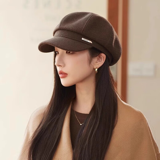 Shenggeer Hat Women's Spring and Autumn Korean Style Fashion Versatile Octagonal Beret Showing Face Small Retro Painter Hat British Peaked Cap Brown