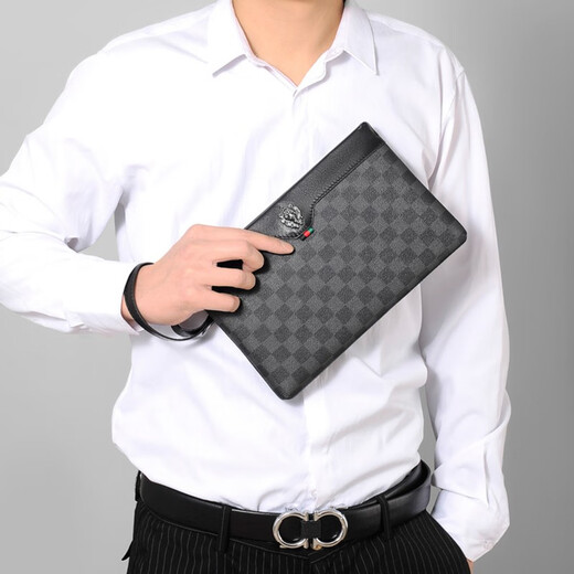 犀统（XITonG）男士手拿包头层牛皮轻奢商务男包送男友父亲节日礼物多卡位钱包 黑色格纹【礼盒装】