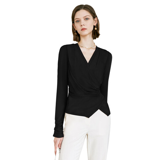 Yanyu Black Slim Shirt Women's 2025 Autumn Versatile V-neck Long Sleeve Top Waist Shirt Black M/38