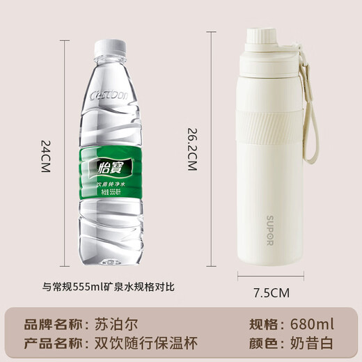 Supor Thermos 316L Copa de agua de acero inoxidable para hombres y mujeres para acompañar la taza de doble bebida portátil batido de recuerdo de verano White 680ml