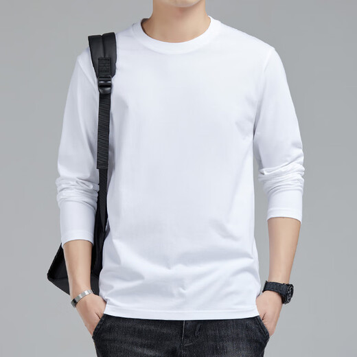Binse pure cotton long-sleeved T-shirt men's 240g heavyweight young men's long-sleeved T-shirt cotton round neck solid color spring and autumn base white L 110-140Jin Jin equals 0.5 kg (looseer, like slim fit, take one size smaller)