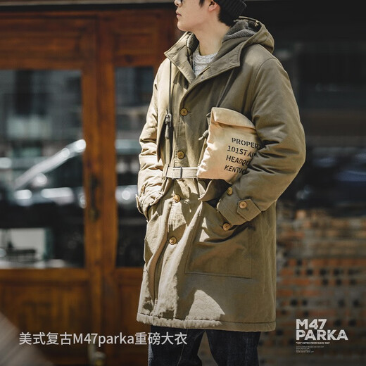 Maden Workwear American Retro M47 Park Fleece Kapuze-Militärmantel mit mittlerer Länge warme dicke Baumwolljacke Herren Winter Military Green S