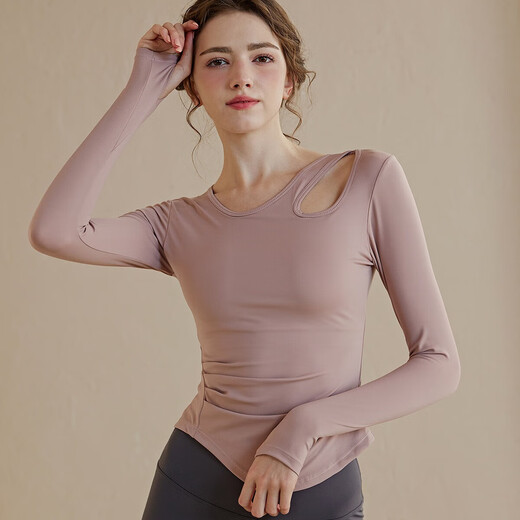 DADDECT thickened yoga wear long-sleeved T-shirt for women 2025 spring and summer with chest pad slimming running fitness Pilates top nude pink M
