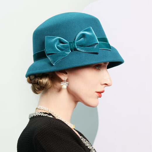 EE autumn and winter new elegant bow woolen hat British retro banquet decoration hat dark green adjustable (53-57)